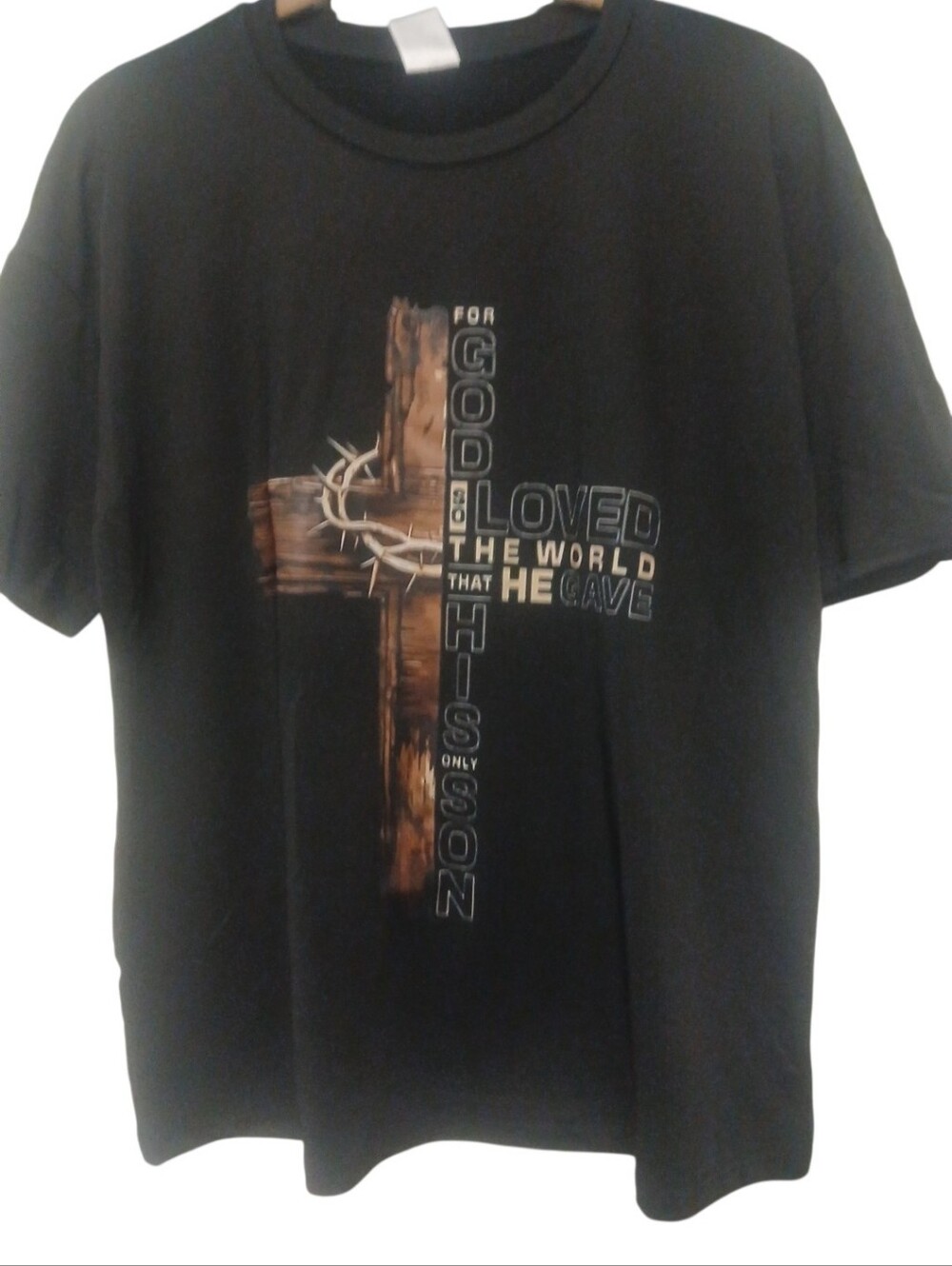 Access - NWOT, Black Short Sleeve Christian Tee Shirt, Cross,"For God So Loved" - Picture 8 of 9